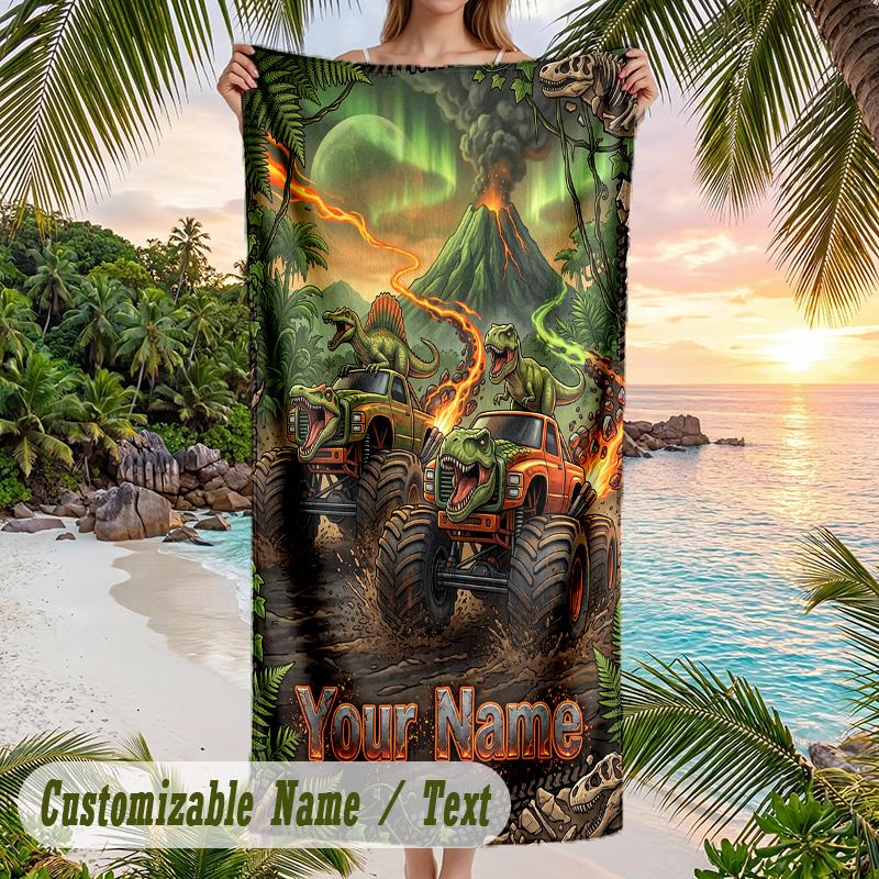 Monster Truck Theme Beach Towel Personalized Custom Name & Text Soft Quick Dry Beach Towel for Swimming Travel