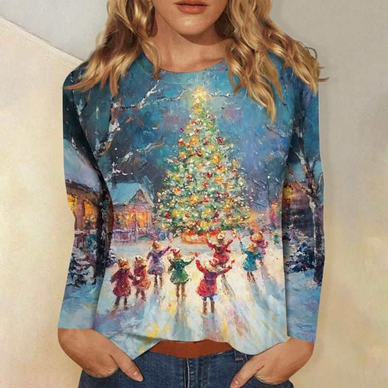 Women's 3D Christmas Snowflake Gradient Print Round Neck Long Sleeve T-shirt Casual Long Sleeve Top Party Loose Women's Top