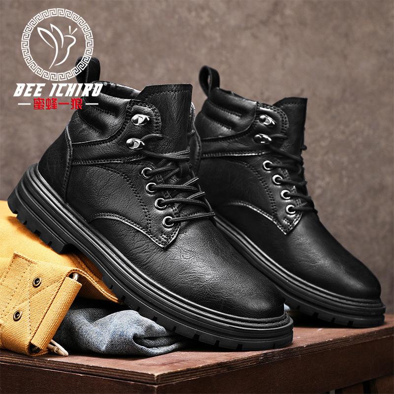 Spring velvet high-top leather boots casual fashion Martin boots retro tooling men's shoes