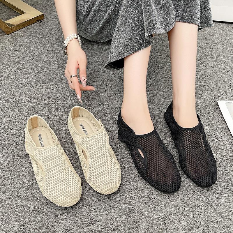 2025 Summer New Mesh Breathable Hollow Fishing Net Shoes Women's Fashion Versatile Flat Bottom Casual Sports White Shoes