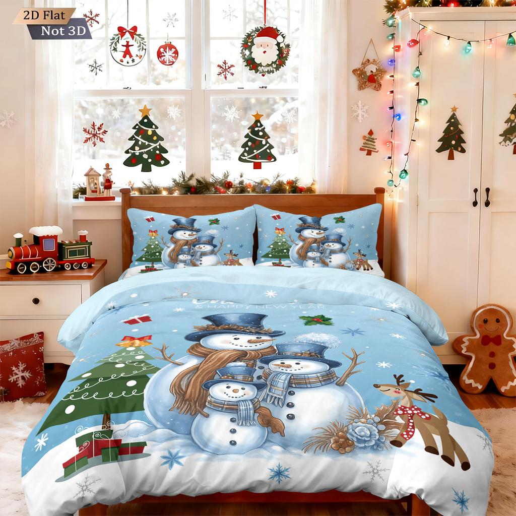 3pcs Christmas cartoon snowman print coreless duvet set multi size bedroom dormitory bedding holiday decoration machine washable
