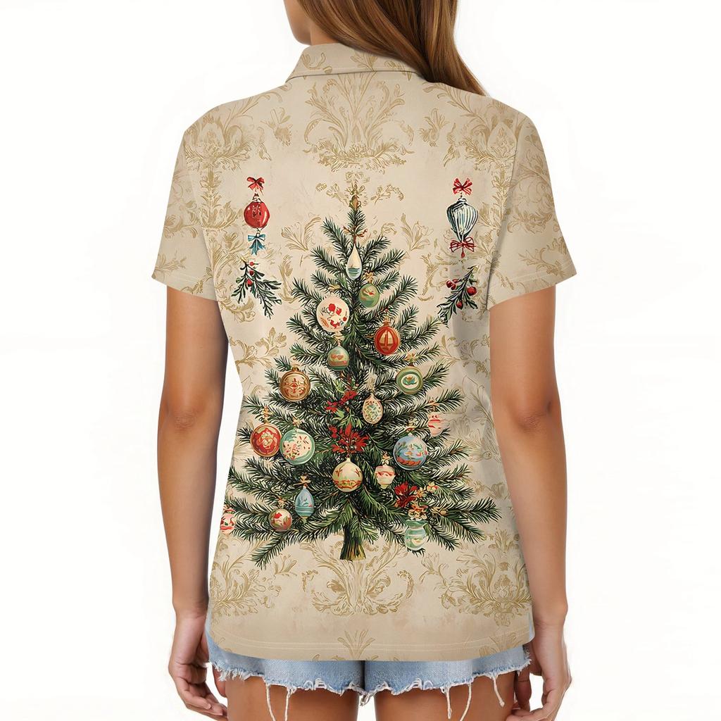 Dámská móda Ležérní klopa Krátký rukáv Vánoční potisk Košile Dámské knoflíkové topy