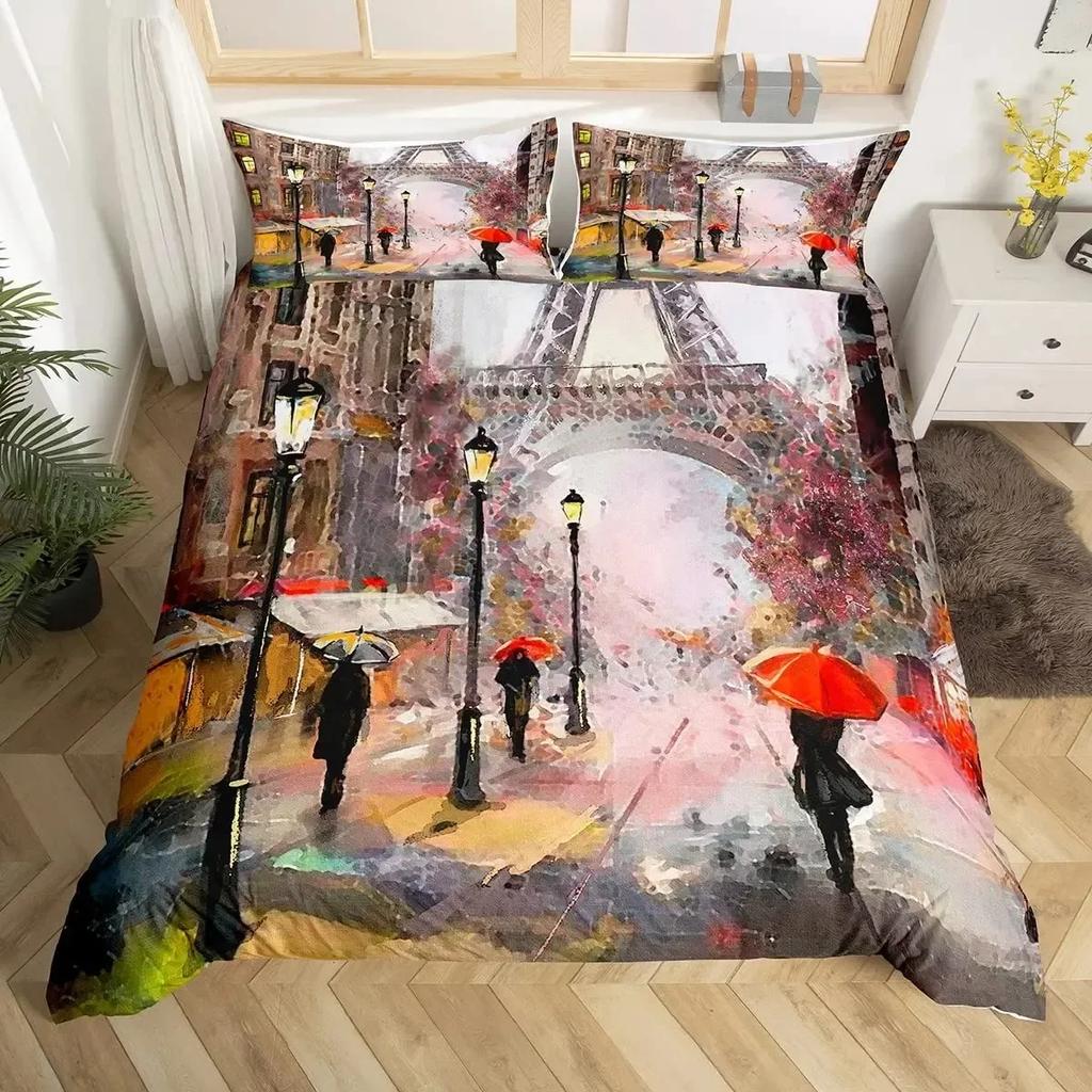 Eiffel Tower Paris France Old Newspaper Style 3D Duvet Cover Bedding Set Comforter Linen Pillowcases Home Decor Single Double