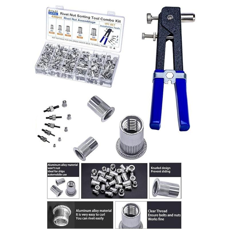 430Pcs 3/4/5/6/8mm Pressure Rivet Nut Tool Kits Flat Head Threaded Rivet Nut Assortment with Rivet Nut Installer