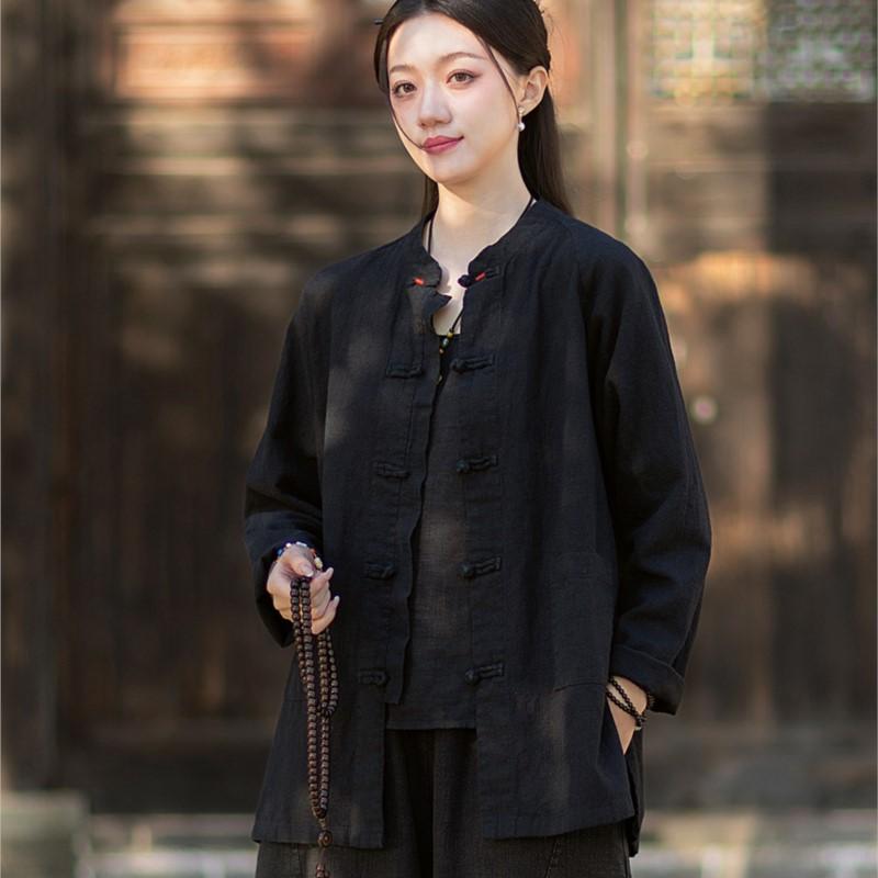 Johnature Women Vintage Shirts Stand Long Sleeve Tops Spring Chinese Style Solid Color Button Pockets Shirts