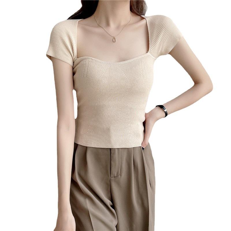 Actual Price Summer Sexy Arc Neckline Knit Shirt Short Section Navel Short-sleeved Tops Casual Essential Comfort and Style Slim Fit Pullovers Tees