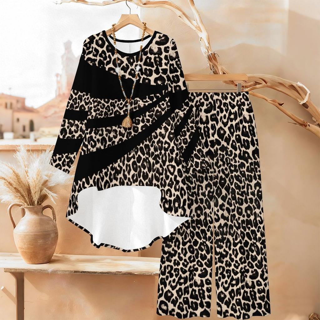 Floral Print Print Two Piece Outfit Women Long Sleeve Irregular Hem Tunic Top Wide Leg Pants Casual Matching Set