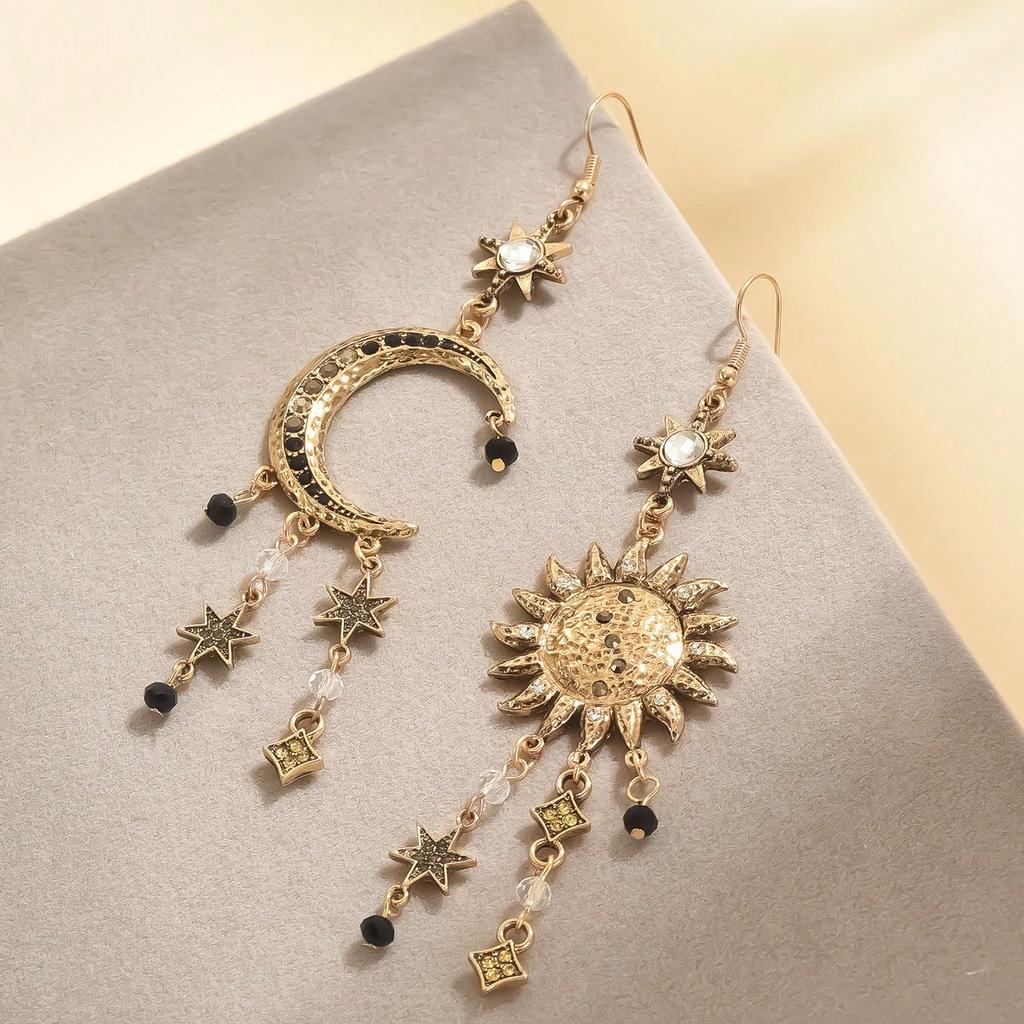 1 paar Vintage Bohemian Stijl Zon Maan Sterren Kwast Druppel Oorbellen Met Strass Voor Vrouwen, Feest Cadeau Dagelijkse Draagtijd