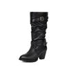 Fashion 2025 Autumn and Winter New Large Size Heel 6.5CM Side Zipper Low Tube Female Boots Double Buckle Fold in The Boot