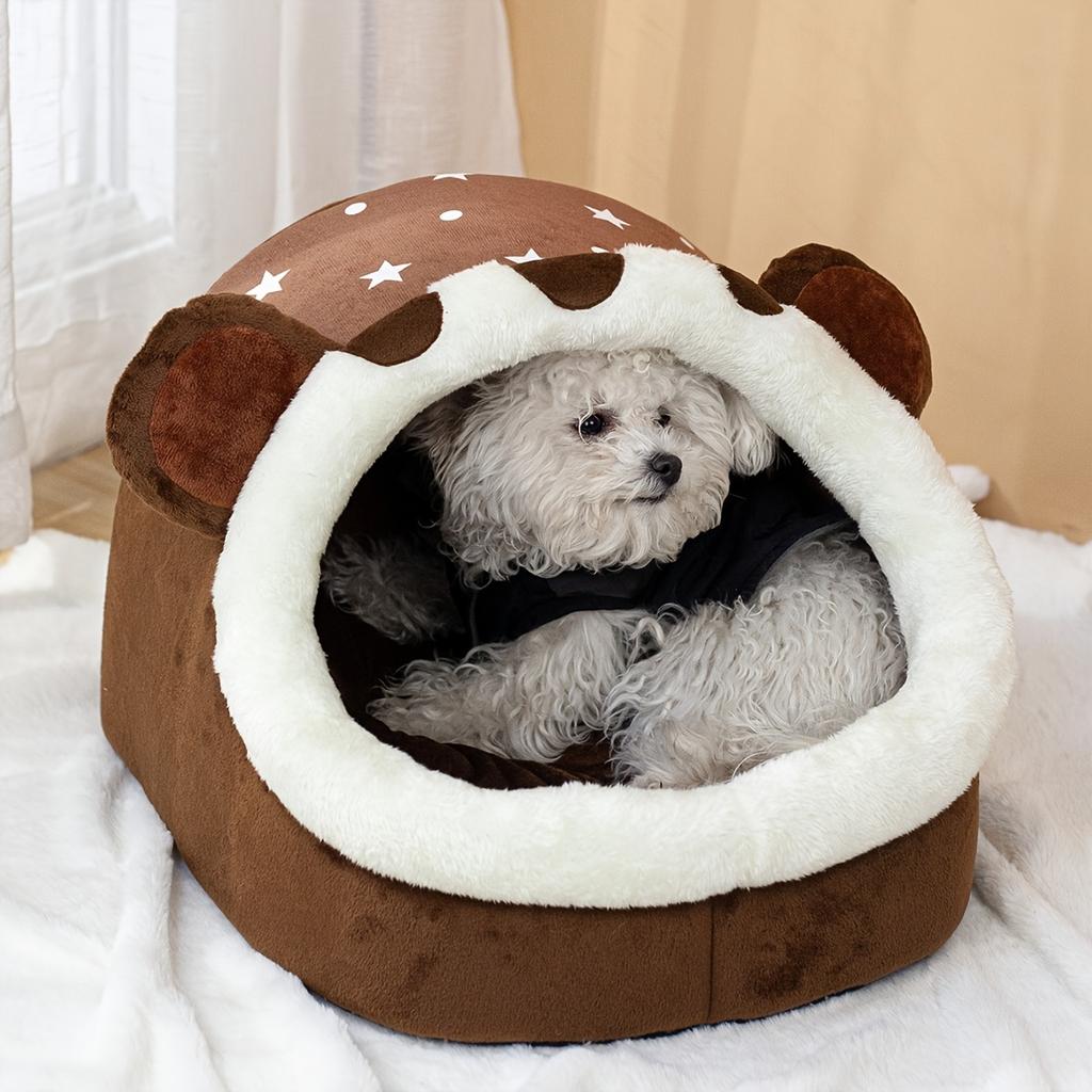 Snygg och varm halvsluten husdjurssäng för små till medelstora hundar och katter - bedårande brunbjörnsdesign