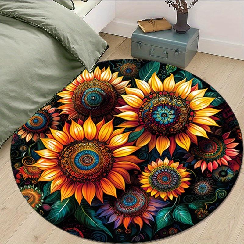 Plush Sunflower Print Round Area Rug - Non-Slip, Soft Polyester Carpet for Bedroom & Living Room Decor, Vibrant Home Accent Mat