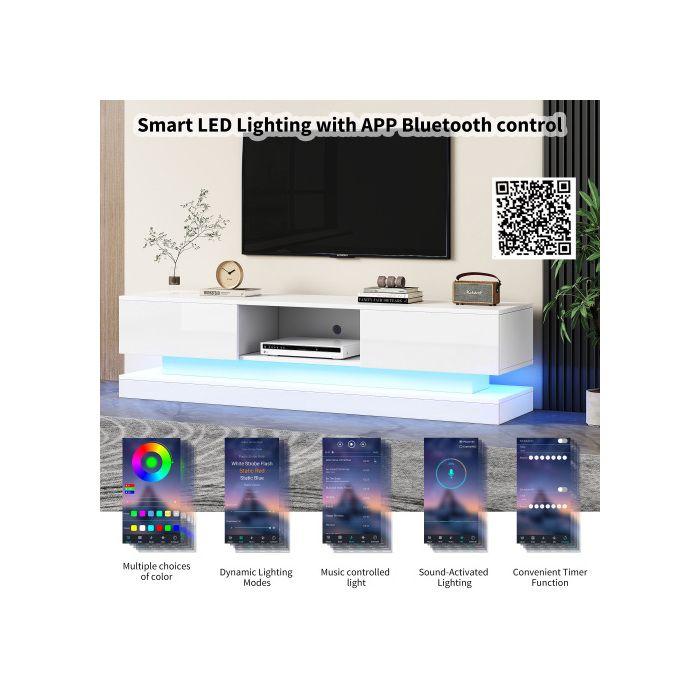 Meuble TV - MUVOE - 160x35x40.5 Cm - Blanc Brillant - 2 Tiroirs - Éclairage LED Contrôlé Par Application