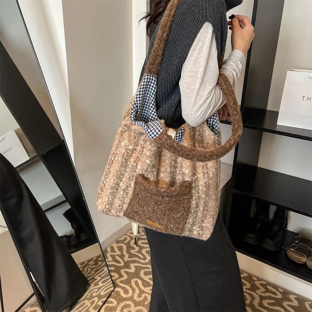 Plaid Printed Plush Shoulder Bag Creative Striped Tote Bag Gift Women's Shopping Bag  Outdoor