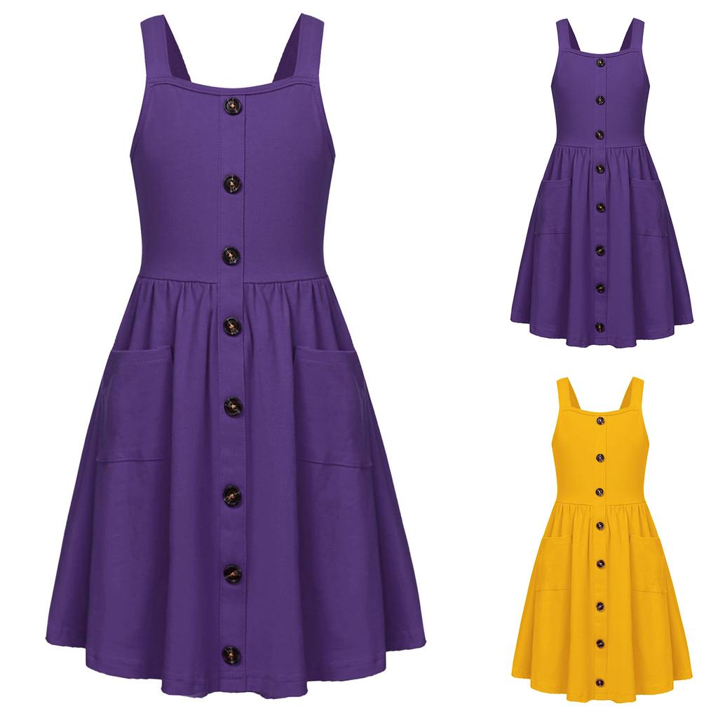 Girls' Fashion Buckle-Front Sleeveless Pocket Casual Solid-Color Dress