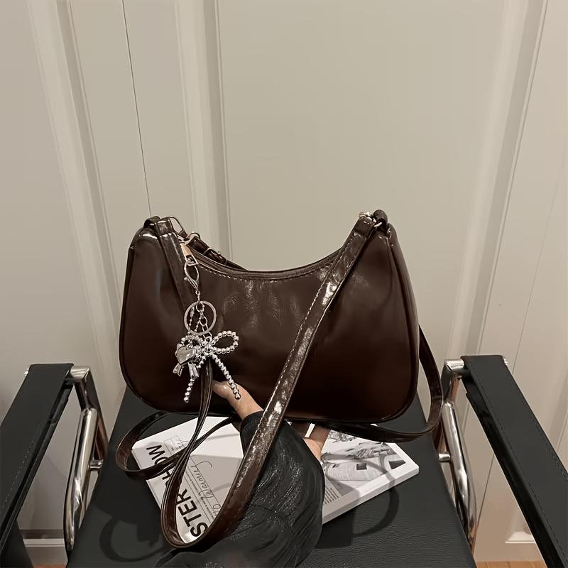 2026 New Chic and Simple Trendy Chain Shoulder Bag, Half-Moon Shaped Bag with Bow Charm, Solid Color Crossbody Bag for a Sexy Girl коричневый