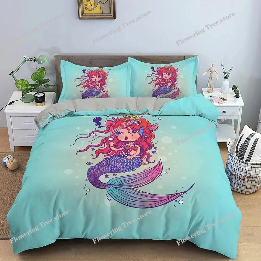 Set copripiumino con motivo a sirena dei cartoni animati, set di biancheria da letto per bambini, decorazione per camera da letto, trapunta, copripiumino, king size, singolo, singolo
