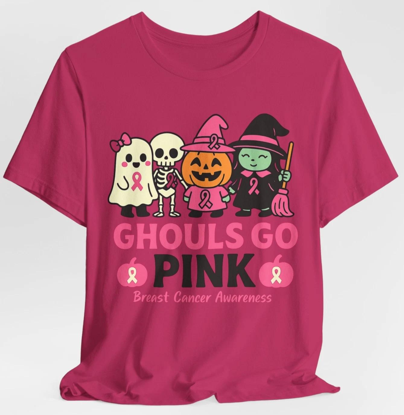 Ghouls Go Pink Breast Cancer Awareness Halloween T-Shirt Ghost Skeleton Witch S