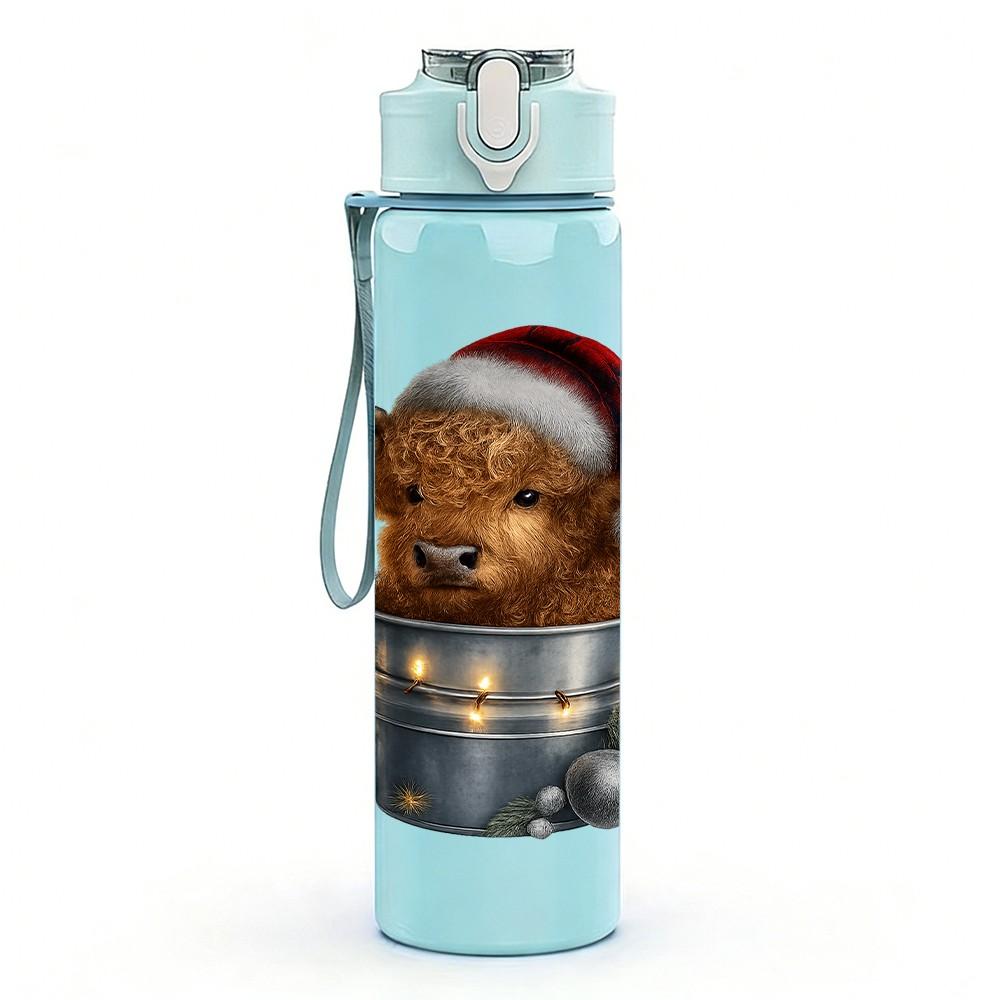 1PC Bear In Bucket Christmas 750ml Color Plastic Sports Water Bottle Leakproof Flip Straw Lid Suitable for Sports Office Home Use