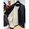 Spring Autumn Women's Faux Leather Jacket V Neck Zip Up Loose Fit Contrast Cuff Casual Outerwear