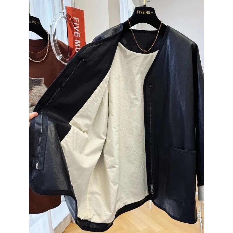Spring Autumn Women's Faux Leather Jacket V Neck Zip Up Loose Fit Contrast Cuff Casual Outerwear