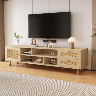 Premium 160cm Wood-Colored Rattan TV Cabinet for 70-Inch TV-Cable Management, 2 Drawers, 1 Door, TV Cabinet, Base Cabinet, Base Cabinet for Living