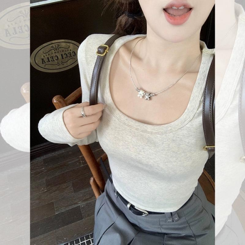 Quality new elastane long-sleeved T-shirt women s long-sleeved inner with spring and autumn short slim-fit bottoming shirt S светло-серый