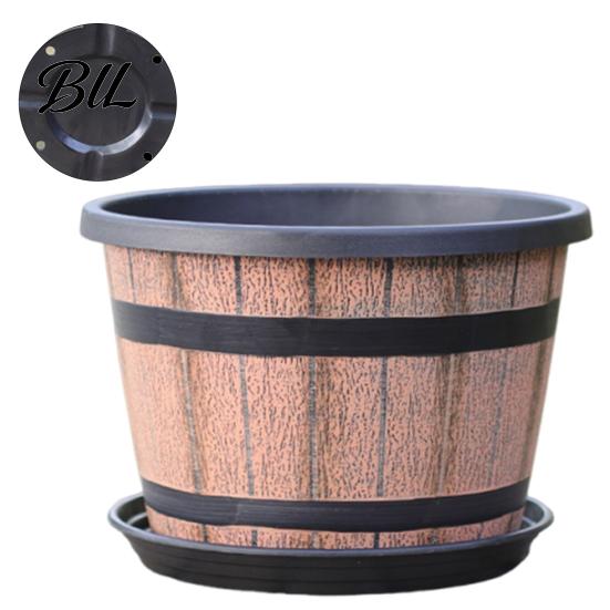 Brown Rustic Plant Pot Flowerpot Barrel Style Pots with Built-In Drainage Holes 8" Plastic-Inspired Finish Extra-Large, Thick Planter for Patio Garden