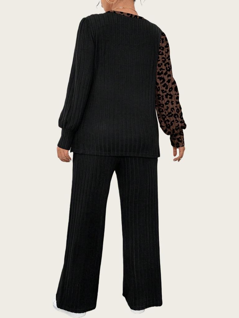 Dámská pletená souprava s barevným potiskem a rovnými kalhotami, nadměrná velikost