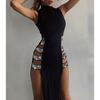 Women's Turtleneck Sleeveless Maxi Dress Bodycon High Waist Sexy Rhinestone Cutout Side Slit Club Dress
