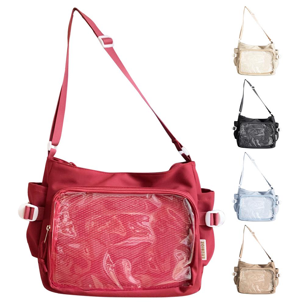 Women Ita Bag Japanese Style Shoulder Purse with Clear Window Fashion Shoulder Bag Multi-pockets Adjustable Strap Chic Hobo Bag