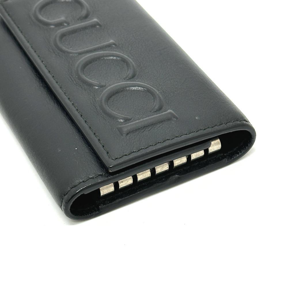 Gucci 428781 Embossed Logo Key Holder Key Ring 6 Rings Key Case Leather Black