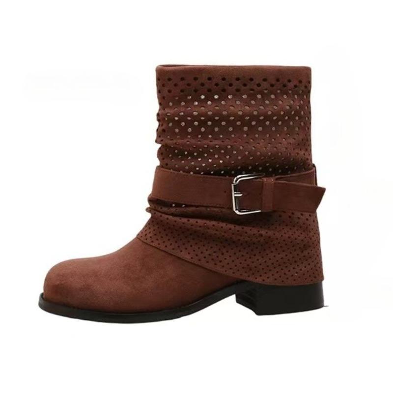 Fashion High Heels Women Hollow Short Boots 2025 New Autumn Fad Buckle Shoes Designer Chelsea Ankle Boots Dress Pumps Zapatillas Mujer