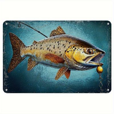 Vintage Trout Fishing Metal Tin Sign Leapin Trout with Hook Line Waterproof Dustproof Rustic Fishing Decor PreDrill