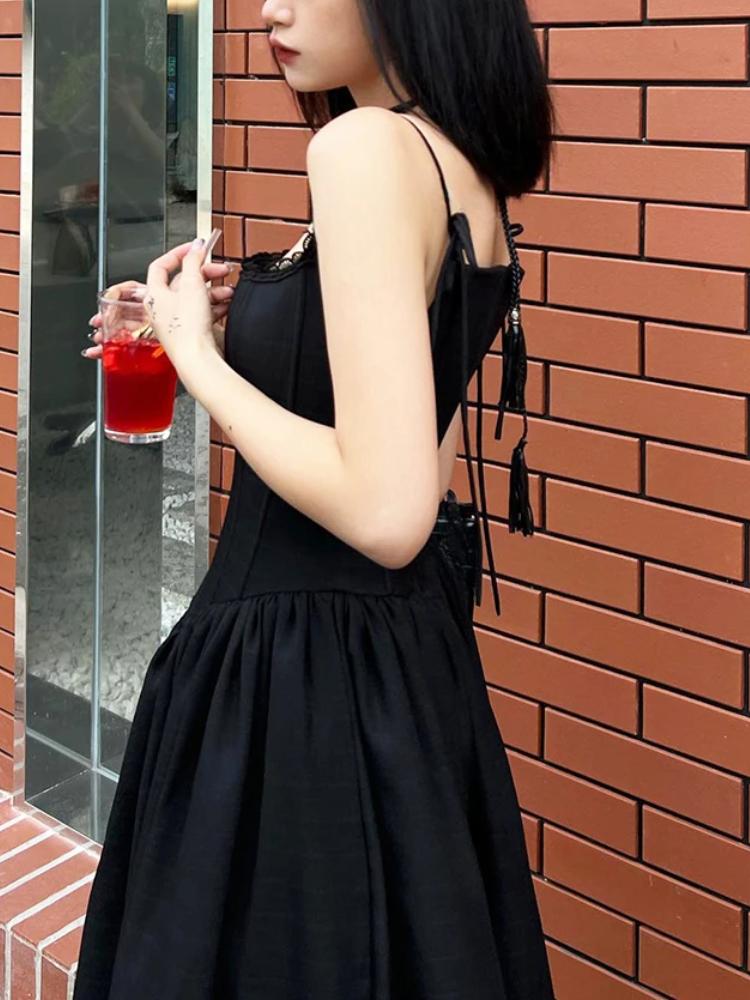 Summer Casual Solid Lace Dress Trim A-Line Long Dress Slim Slash Neck Sleeveless Maxi Dresses for Women Fashion Ladies