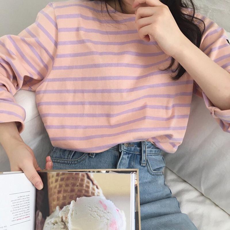 

Danmo осенние классические полосатые женские футболки с длинными рукавами и круглым вырезом повседневные свободные рубашки женские топы XL