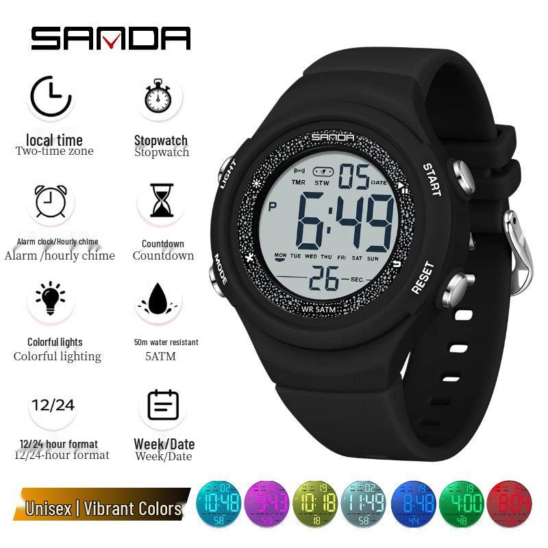 Sanda Multi-Function Waterproof Sport Watch with Alarm & Seven-Color Luminous Display