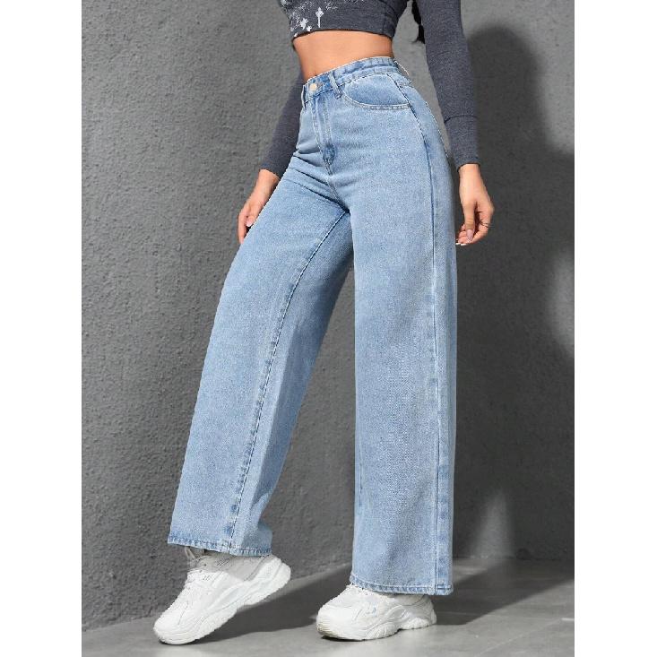 Jeans Women Vintage Wide Leg Pants Denims High Waist Washed Distressed Basics Straight Trousers Streetwear Floor Length