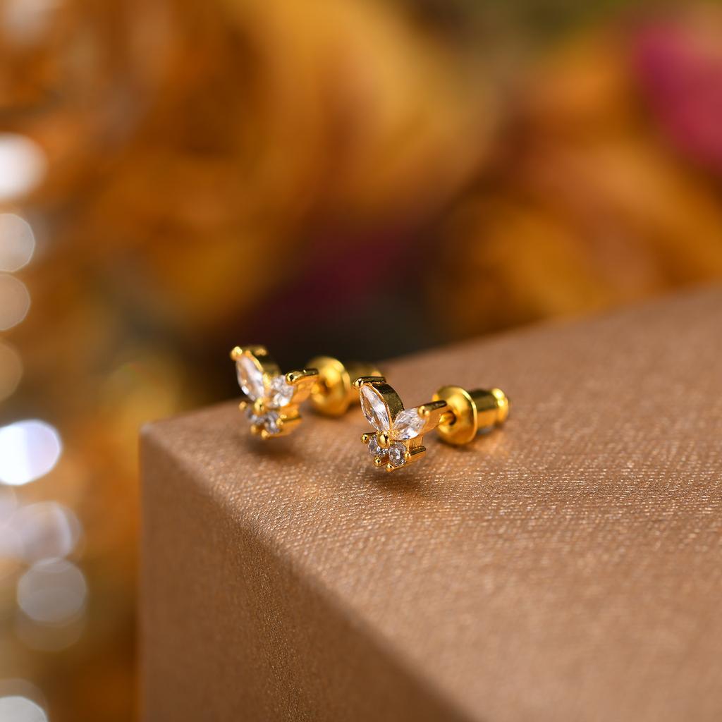 Small Butterfly Stud Earring Cubic Zirconia Gold Plated CZ Jewelry for Women Girls