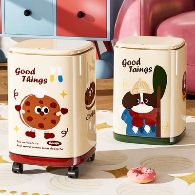 New Cartoon Plastic Press Type Trash Can Double Layer With Wheels Lid Home Storage Garbage Bin For Living Room Bedroom Indoor