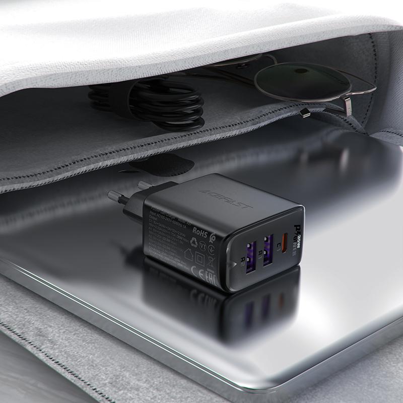 35W GaN PD Wall Charger with 3 Ports 2x USB-A + USB-C Black