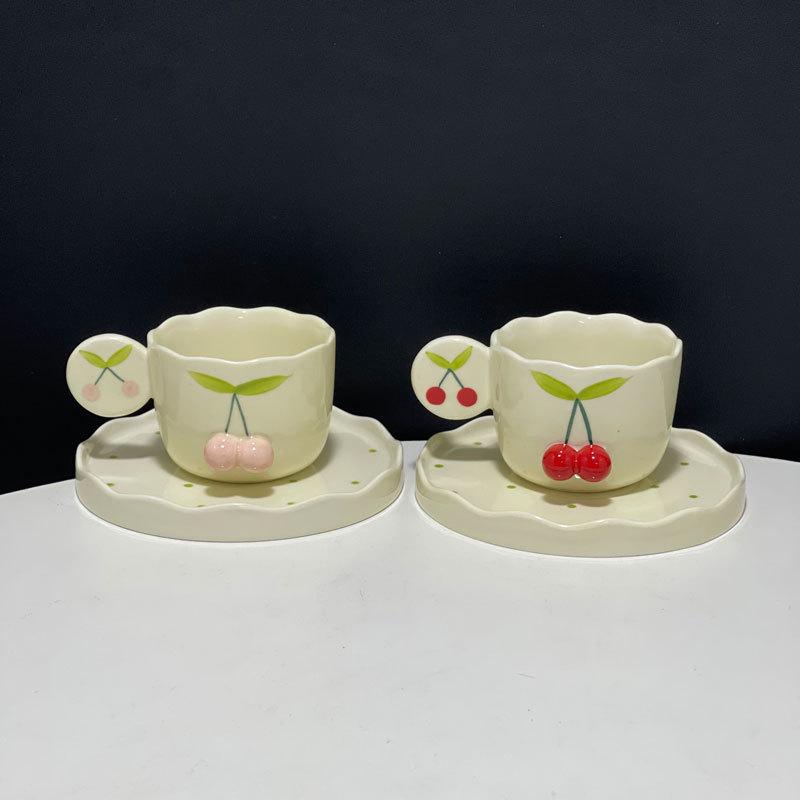 Japanese Hand-Painted Three-Dimensional Cherry Ceramic Cup And Saucer Cute Creative Home Coffee Cup And Saucer Set Personalized Birthday Gift
