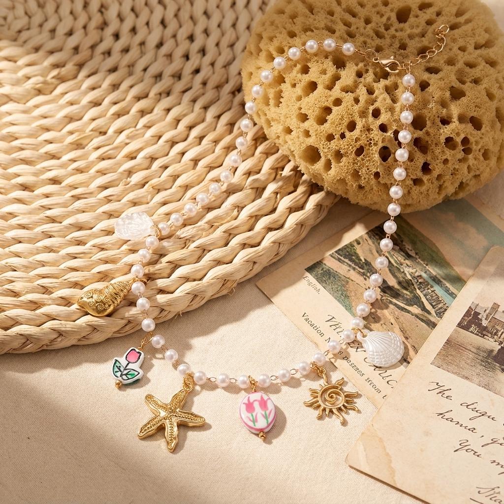 Bohemian Imitation Pearl Beaded Chain Necklace for Women Ocean Series Starfish Shell Conch Pendant Choker Beach Party Jewelry