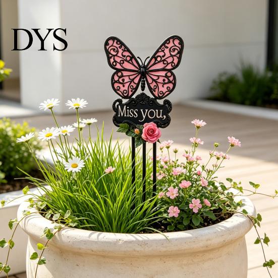 Miss You Commemorative Sign Butterfly Memorial Garden Stake, Sign, Pink Acrylic Rose Decor Yard Art Stake for Lawn Courtyard Cemetery Decoration