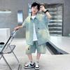 Boys' Summer Denim Short Sleeve and Shorts Set - 2025 Trendy Two-Piece for Middle and Big Kids