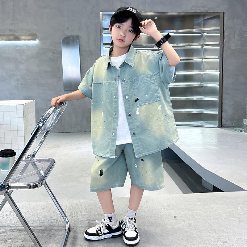 Boys' Summer Denim Short Sleeve and Shorts Set - 2025 Trendy Two-Piece for Middle and Big Kids