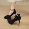 New Women's High Heels Single Shoes Buckle Thin Heel Velvet Surface Waterproof Platform Pointed Toe Shoes Black Simple Style
