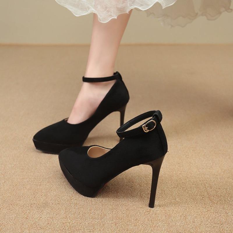 New Women's High Heels Single Shoes Buckle Thin Heel Velvet Surface Waterproof Platform Pointed Toe Shoes Black Simple Style