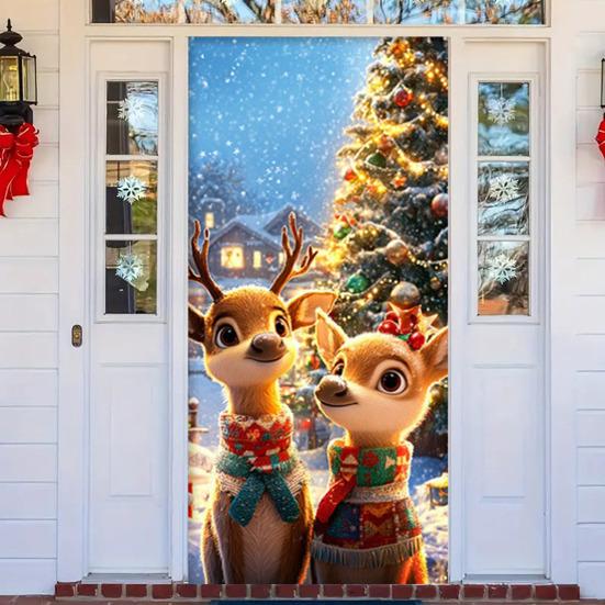 Christmas Door Cover Cute Reindeer Front Door Cover 35x82in Porch Welcome Sign Banner for Winter Holiday Party Photo Backdrop Decor