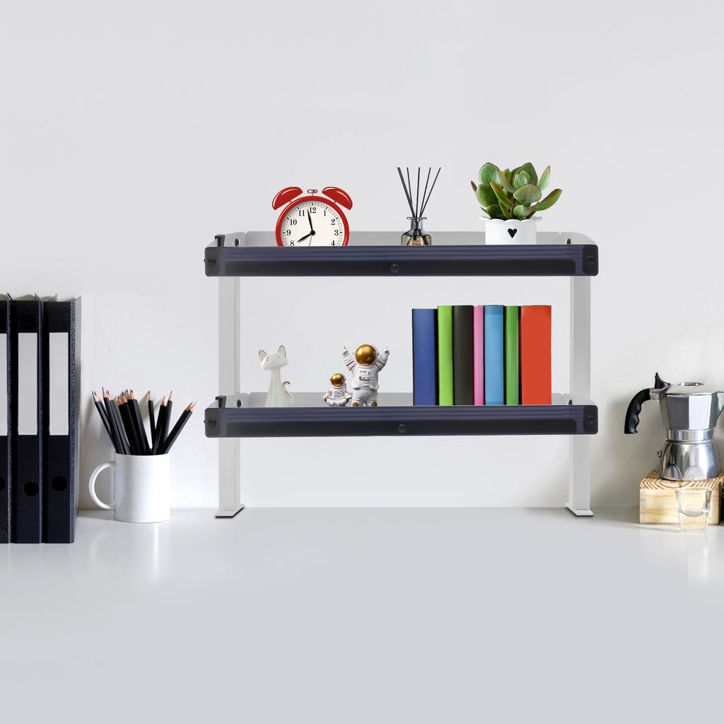 Clamp-On Desk Shelf – 2-Tier Under/Over Desk Storage Organizer with Guardrail – White