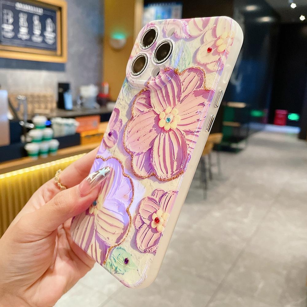 Fashion Blue Pink Purple flowers Pattern Phone Case with lens protective film For iphone 15 14 13 12 Pro Max 11 15plus 12pro Soft silicone Back Cover
